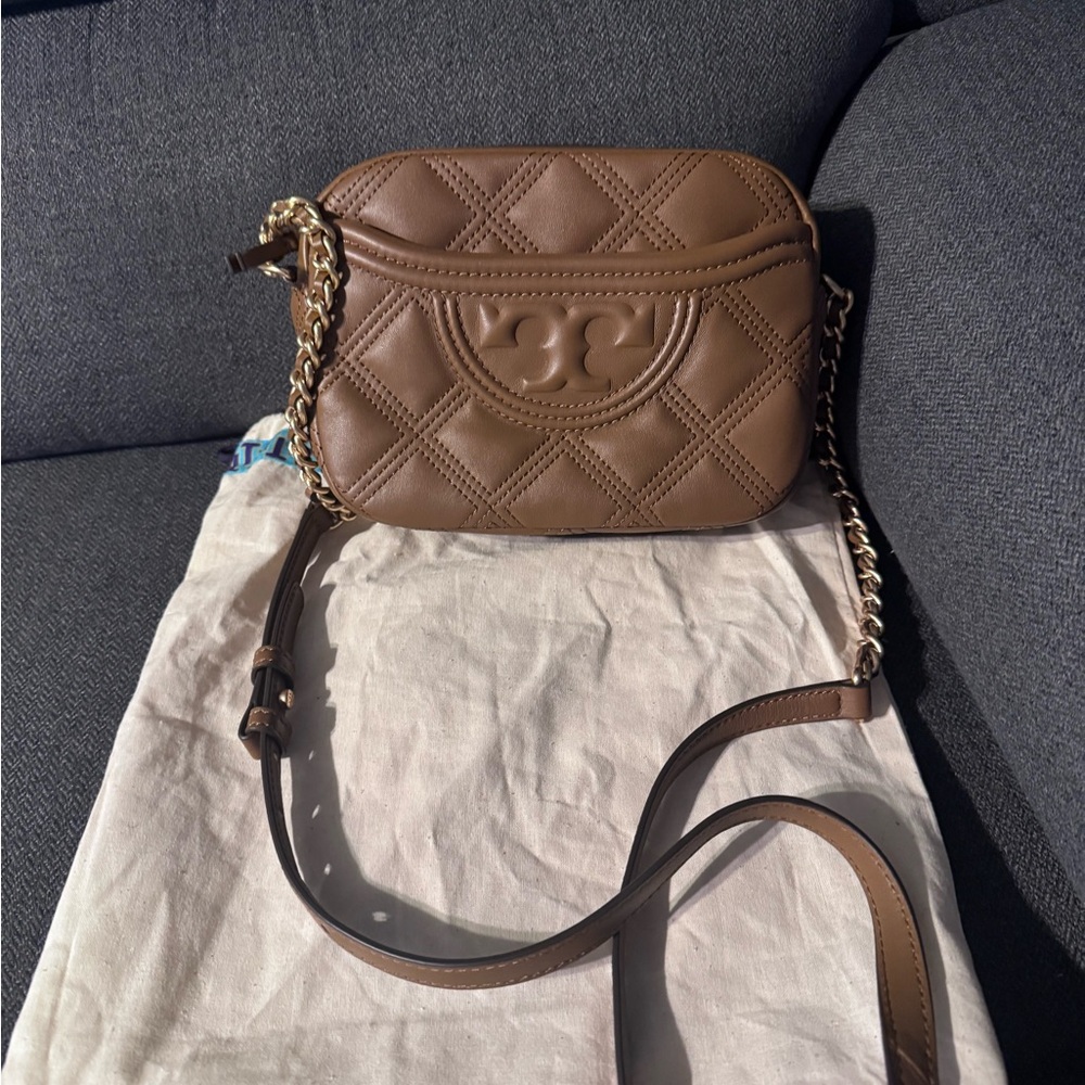 Tory Burch Quilted Brown Leather Crossbody Bag with Chain Strap